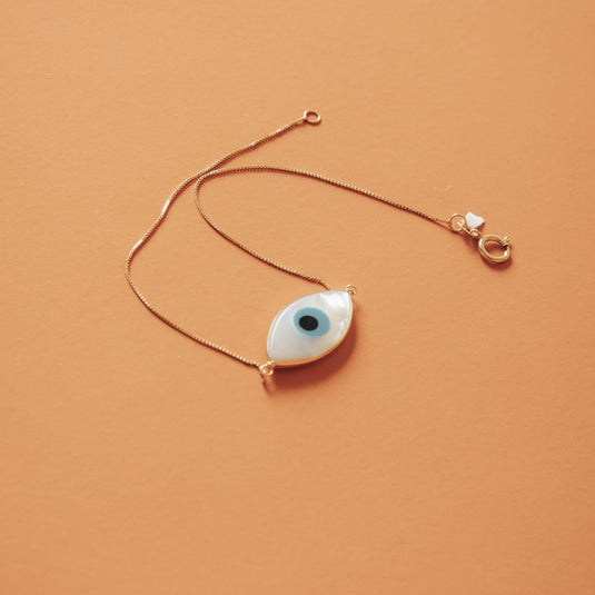 Pulseira Olho Grego Losango com Madrepérola e Corrente Veneziana 21cm em Ouro 18k