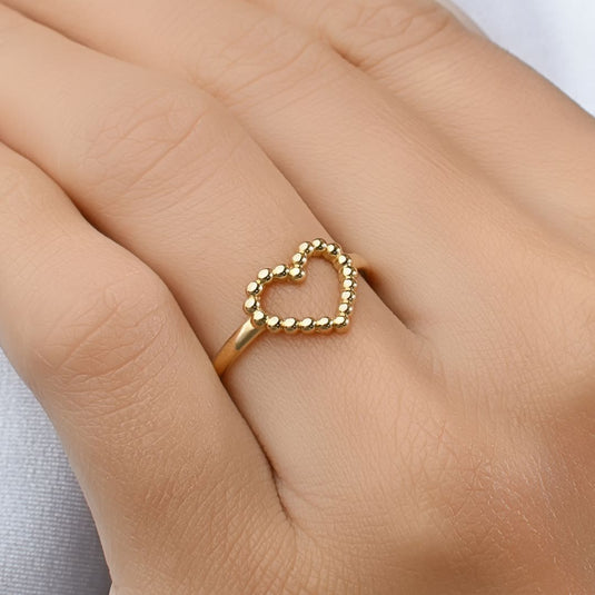 Anel Coração Vazado Fio Bolinhas Ouro 18k