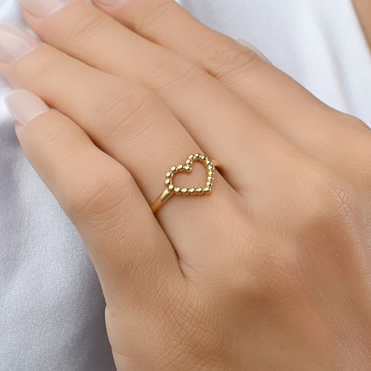 Anel Coração Vazado Fio Bolinhas Ouro 18k
