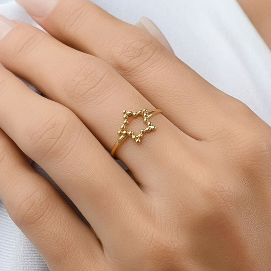 Anel Estrela Vazada Fio Bolinhas Ouro 18k