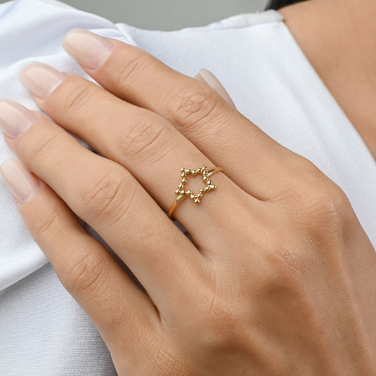 Anel Estrela Vazada Fio Bolinhas Ouro 18k