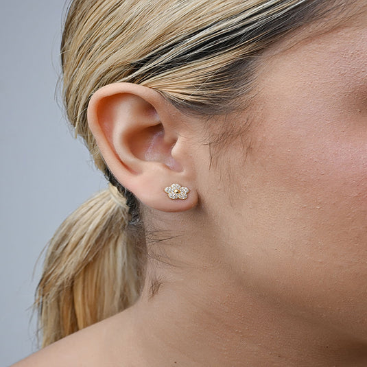 Brinco Flor Cravejado Zircônia Ouro 18k