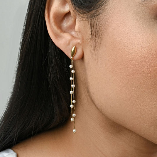 Brinco Pérola 2 Fios Base Boleada em Ouro 18k