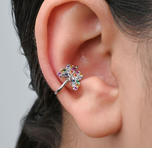 Brinco Piercing Borboleta Pedras Coloridas Prata 925.