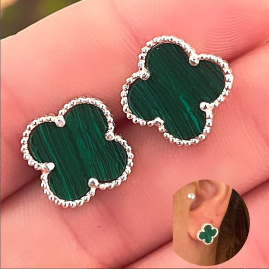 Brinco Trevo em Prata 925 Pedra Malaquita Verde