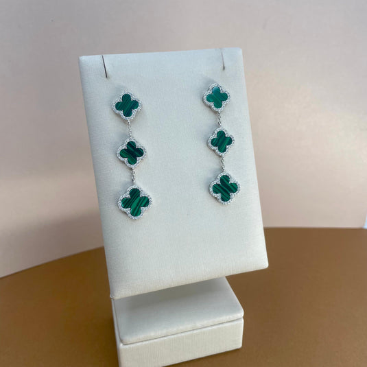 Brinco Triplo Trevo da Sorte Vintage em Malaquita e Prata 925..