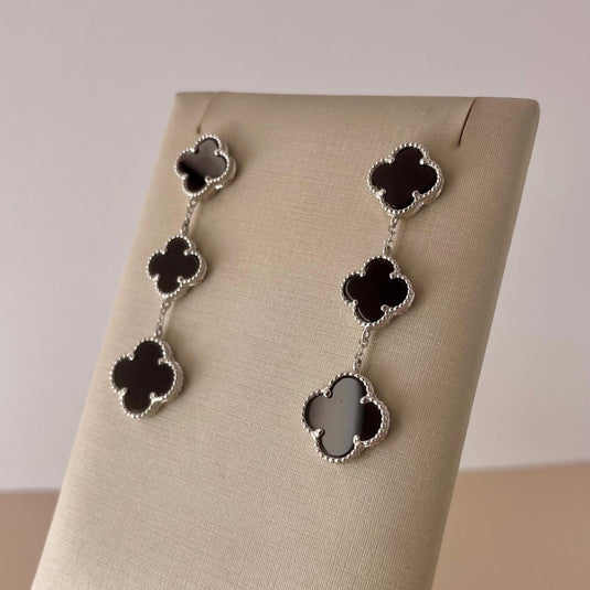 Brinco Triplo Trevo da Sorte Vintage em Pedra Ônix e Prata 925...