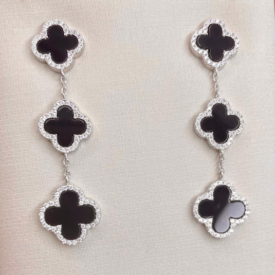 Brinco Triplo Trevo da Sorte Vintage em Pedra Ônix e Prata 925.