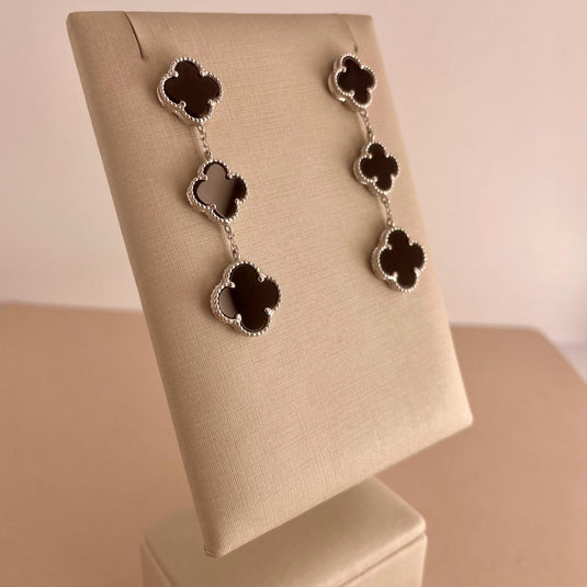 Brinco Triplo Trevo da Sorte Vintage em Pedra Ônix e Prata 925