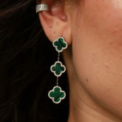 Brinco Triplo Trevo Vintage em Malaquita e Prata 925