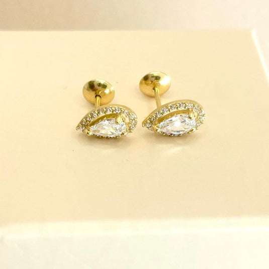Brinco em Ouro 18k Gota com Pedra Grande e Detalhes de Pedras Brancas Sintéticas