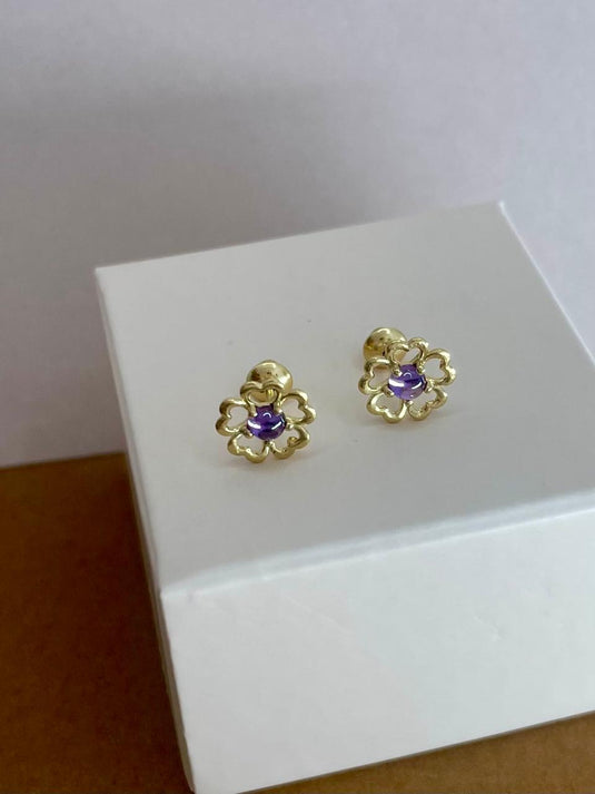 Brinco Florzinha com Pedra Lilás em Ouro 18k