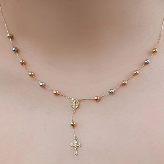 Terço Bolinhas em Ouro 18k e Ouro Branco com Corrente Veneziana 45cm