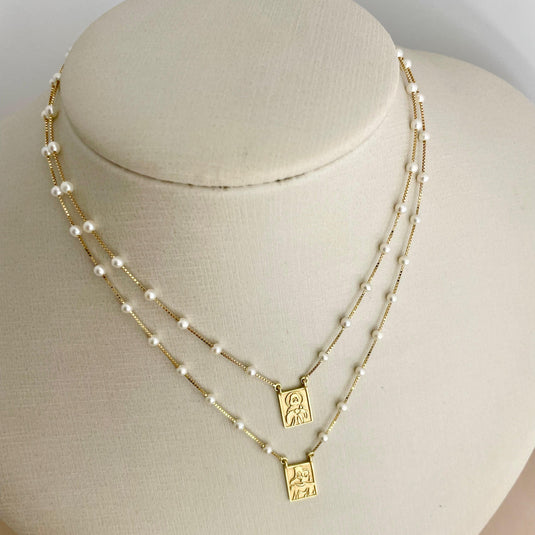 Escapulário 64 Pérolas Coreana com Duas Placas 1 Face e Corrente Veneziana 65cm em Ouro 18k2