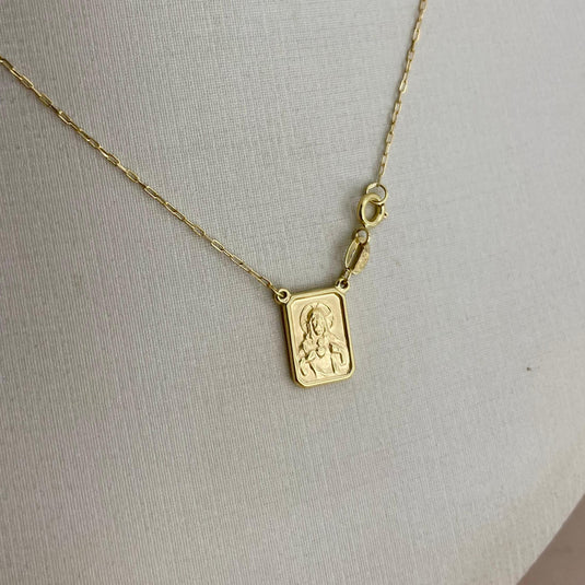 Escapulário Pequeno Duas Faces com Corrente Elo Alongado 45cm em Ouro 18k2