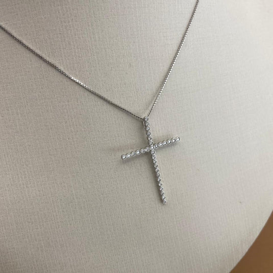 Gargantilha Cruz Palito Cravejada Zircônia 45cm Prata 925.
