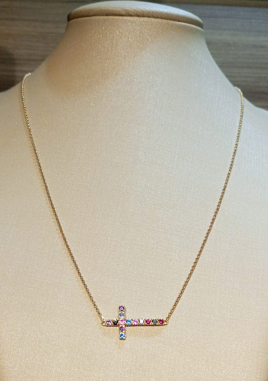 Gargantilha Cruz Pedras Coloridas 45cm Ouro 18k
