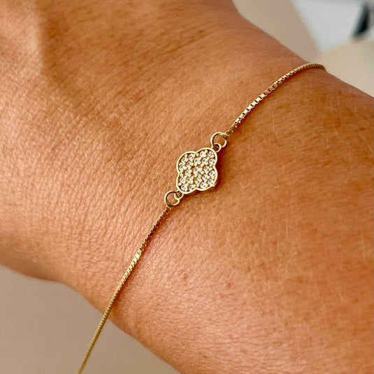 Pulseira Trevo Cravejado com Microzircônias – Ouro 18k | 16cm....