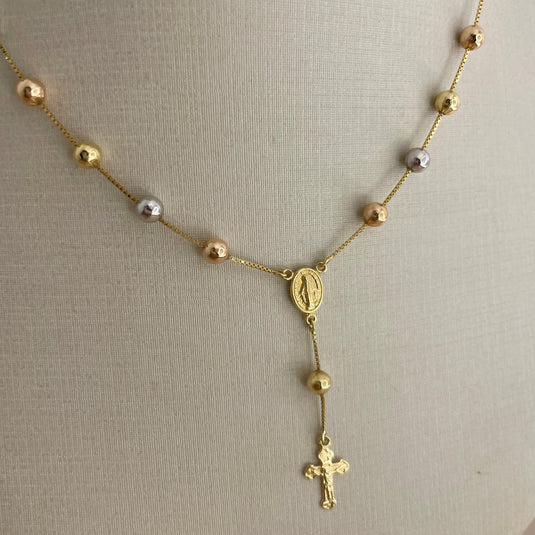 Terço Bolinhas em Ouro 18k e Ouro Branco com Corrente Veneziana 45cm