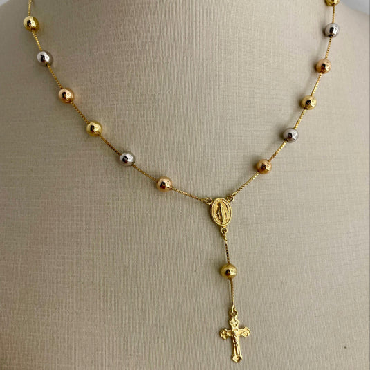 Terço Bolinhas em Ouro 18k e Ouro Branco com Corrente Veneziana 45cm1