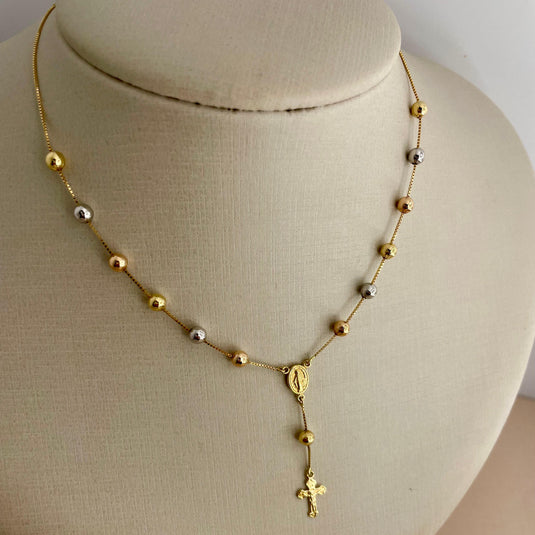 Terço Bolinhas em Ouro 18k e Ouro Branco com Corrente Veneziana 45cm2