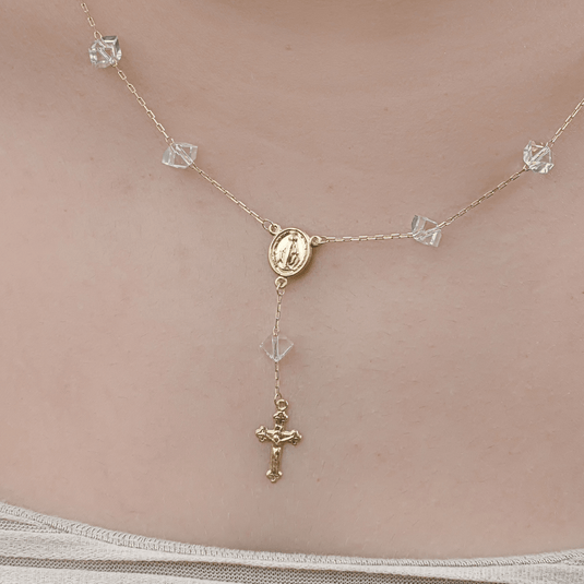 Terço Cristal 1 Mistério Medalhinha Milagrosa 45cm Ouro 18k