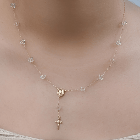 Terço Cristal 1 Mistério Medalhinha Milagrosa 45cm Ouro 18k