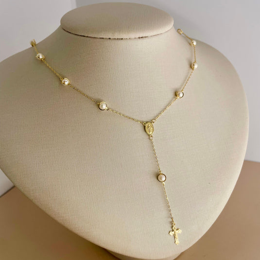 Terço Pérola com Elo Encapado Nossa Senhora das Graças e Cruz em Ouro 18k1