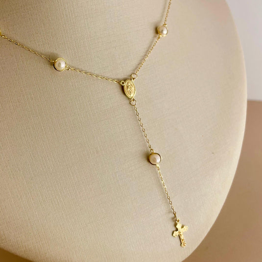 Terço Pérola com Elo Encapado Nossa Senhora das Graças e Cruz em Ouro 18k2