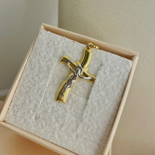 Pingente Cruz e Jesus Cristo Ouro Amarelo e Ouro Branco