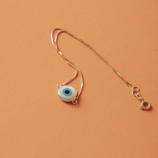 Pulseira Olho Grego Duas Faces com Corrente Elo Português 19 cm em Ouro 18k