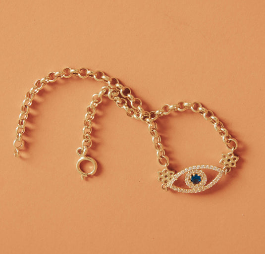 Pulseira Olho Grego Flor com Pedras Brancas e Safira Sintética 20cm em Ouro 18k