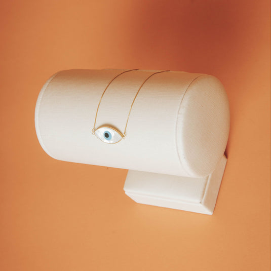 Pulseira Olho Grego Losango com Madrepérola e Corrente Veneziana 21cm em Ouro 18k