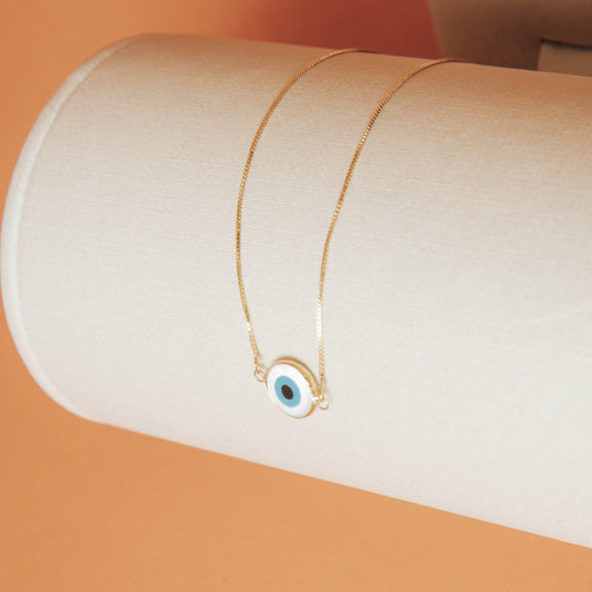 Pulseira Olho Grego Redondo com Madrepérola e Corrente Veneziana em Ouro 18k