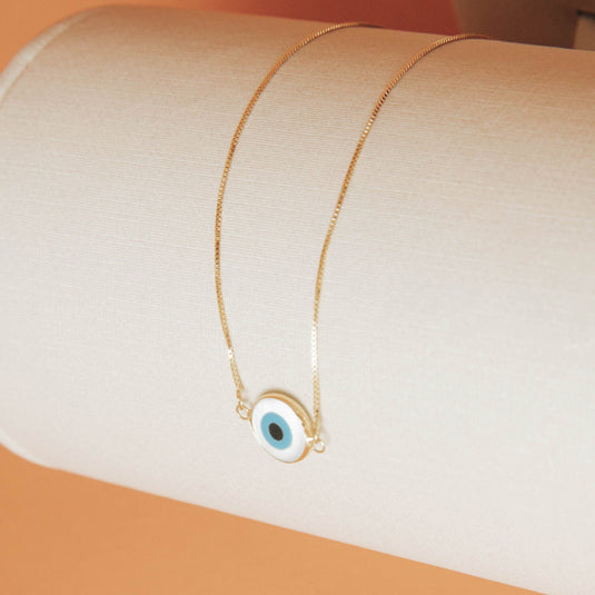 Pulseira Olho Grego Duas Faces com Corrente Elo Português 19 cm em Ouro 18k