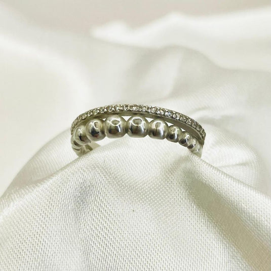 Anel duplo Bolinhas e Zircônias Prata 925