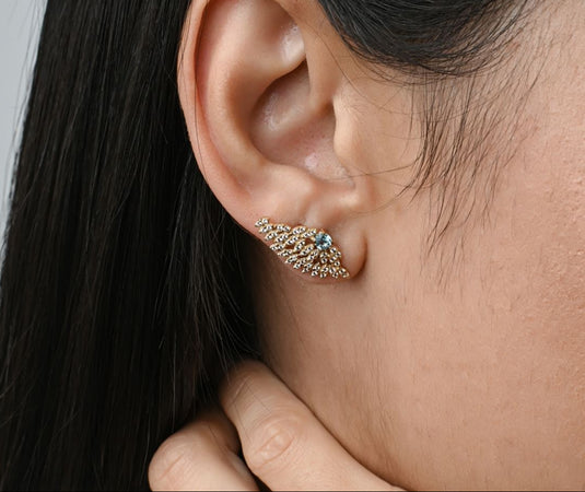 Brinco Asas de Anjo com 2 Topázios Paraíba em Ouro 18k