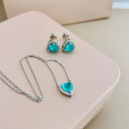 Conjunto Coração Turquesa – Prata 925 com Zircônias