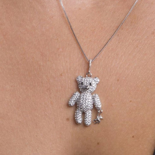 Gargantilha Urso Cravejado com Urso Pequeno Liso Pendurado Prata 925