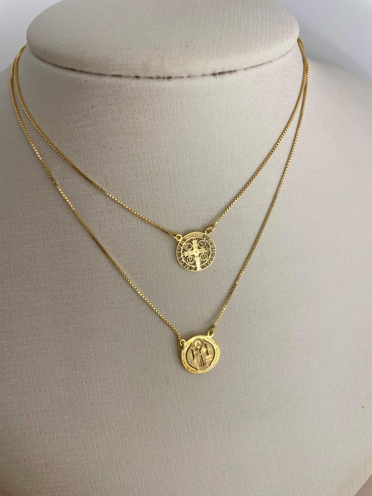 Escapulário São Bento Disco Pequeno a Laser com Corrente Veneziana 60cm em Ouro 18k6