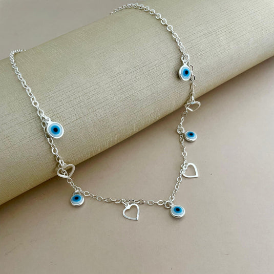 Gargantilha Choker 5 Olhos Grego 4 Corações Vazado 40cm Prata 925