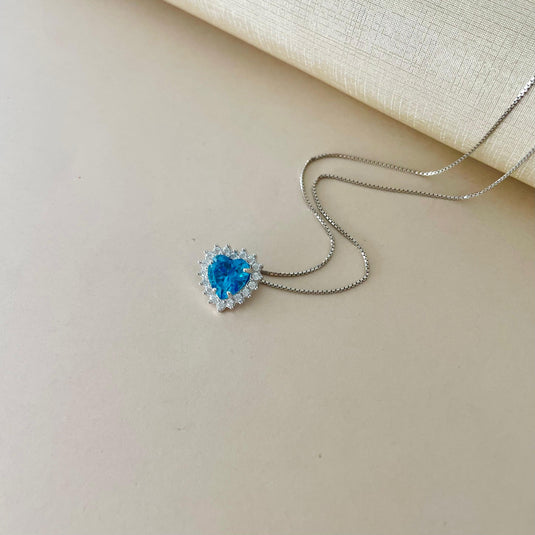 Gargantilha Coração Pedra Azul com Zircônias 45cm Prata 925.