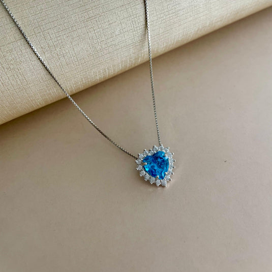 Gargantilha Coração Pedra Azul com Zircônias 45cm Prata 925