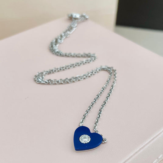 Gargantilha Coração Resina Azul Zircônia 40cm Prata 925