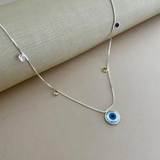 Gargantilha Olho Grego 4 Pontos de Luz Coloridos 60cm Prata 925
