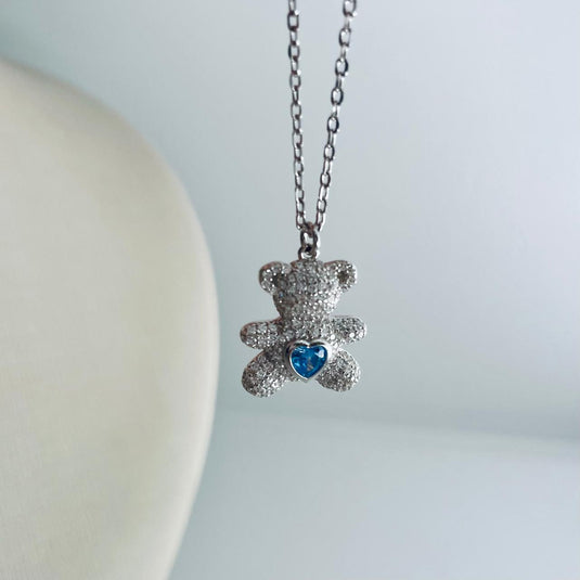Gargantilha Urso Cravejado Coração Pedra Azul Zircônia 45cm Prata 925...