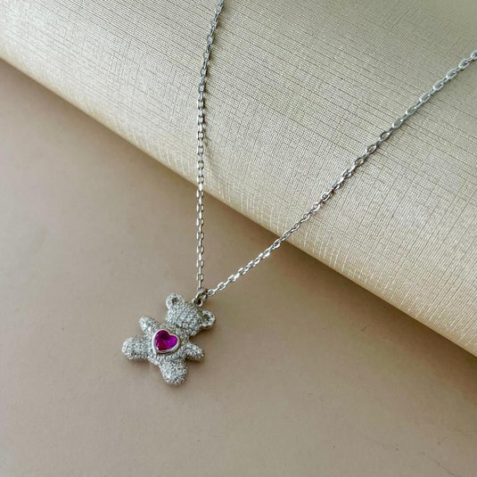 Gargantilha Urso Rodinado Cravejado Pedra Coração Rosa 40cm  Prata 925