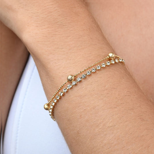 Pulseira Dupla com Riviera e Bolas 18cm - Semijoia Premium