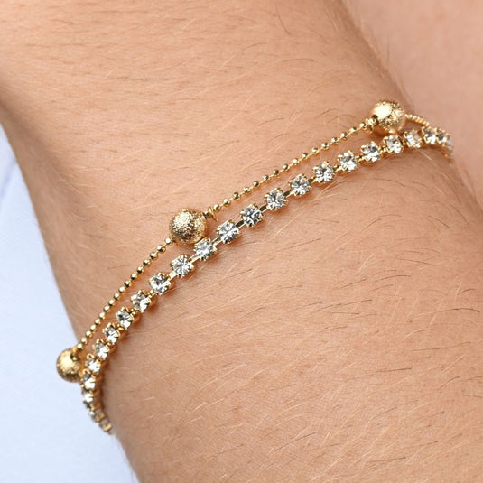Pulseira Dupla com Riviera e Bolas 18cm - Semijoia Premium