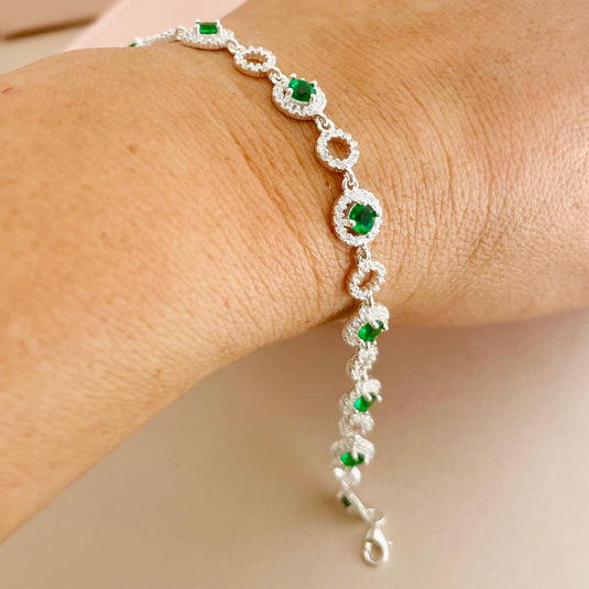 Pulseira Discos Pedra Verde Cravejado Zircônias 16cm Prata 925